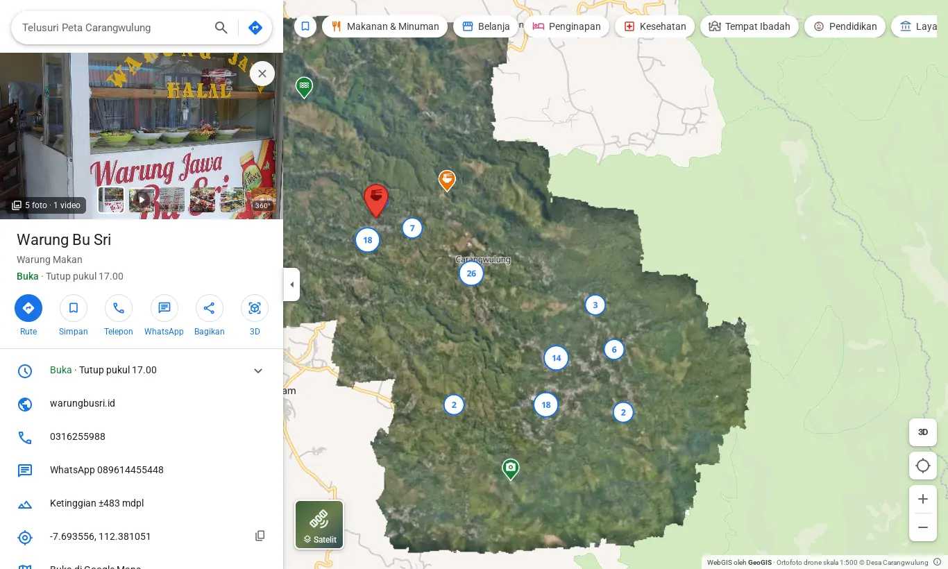 The place panel in the demo: photos, opening hours, phone, WhatsApp, elevation and coordinates